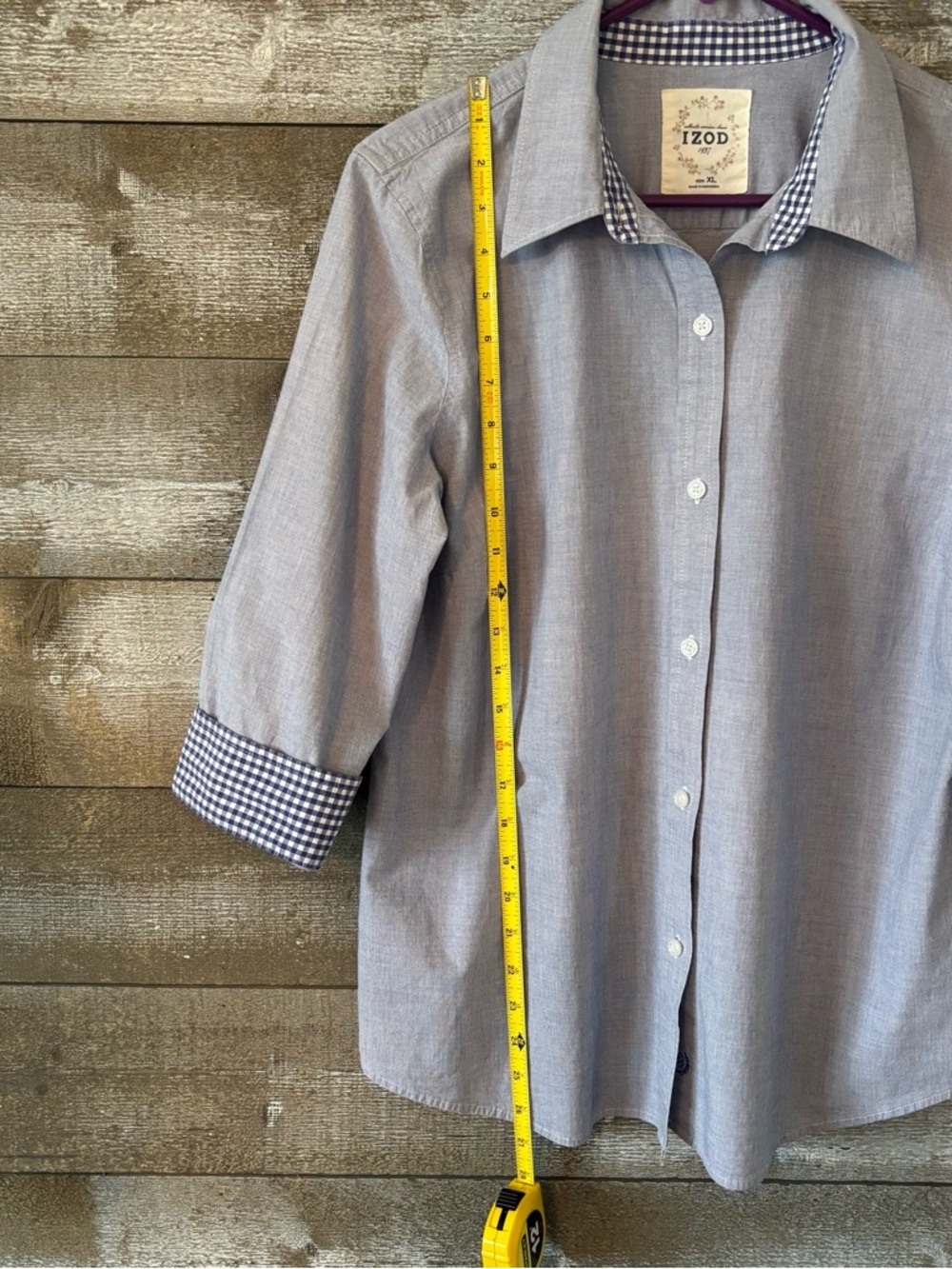 Izod Light Blue Button-Up Shirt with Navy Gingham Trim 97% Cotton - Picture 9 of 10